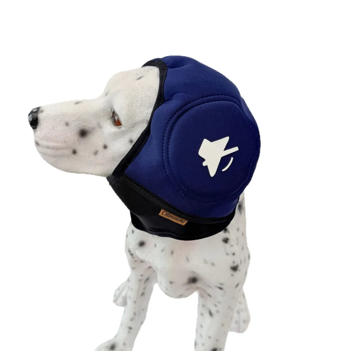 Dog wearing blue adjustable calming ear muff headgear